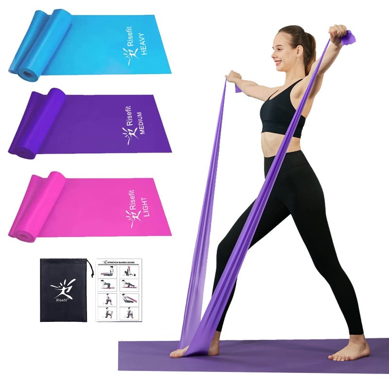 Risefit مجموعة أحزمة مقاومة مسطحة للعلاج، أحزمة مرنة مسطحة خالية من اللاتكس للتمدد، المرونة، البيلاتس، اليوغا، الباليه، الجمباز، إعادة التأهيل، التمرين، وردي، بنفسجي، أزرق (3 عبوات، 5 أقدام طول) - Image 1
